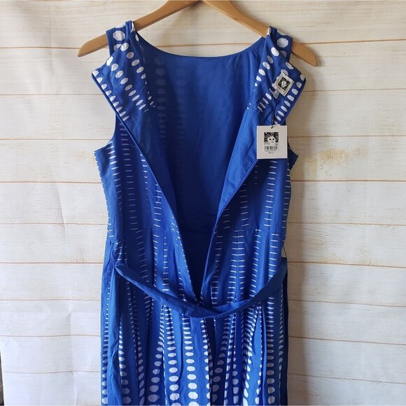 Anne Klein Cotton Tie Waist Fit & Flare Printed Sleeveless Dress Blue White 10P - Picture 9 of 14